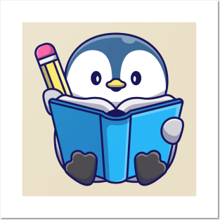 Cute Penguin Writing With Book And Pencil Cartoon Posters and Art